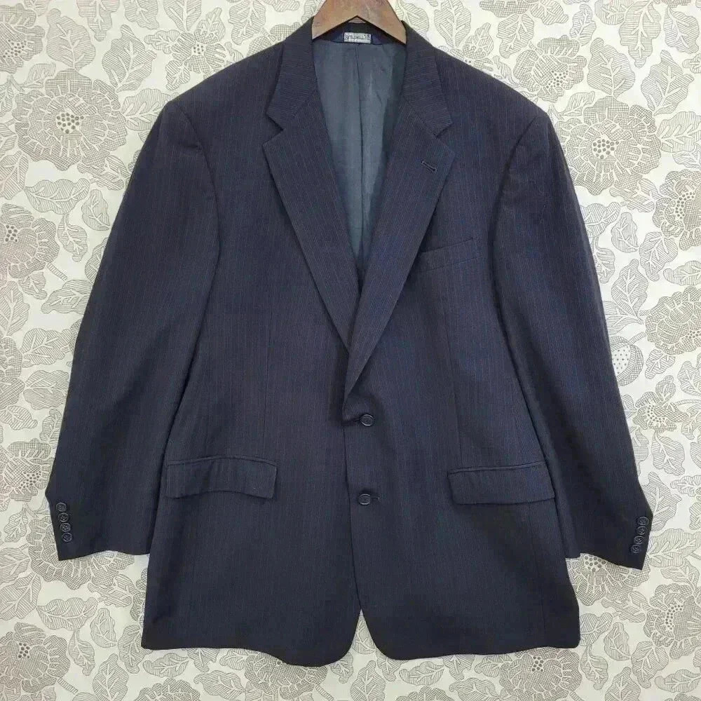 VTG Burberrys Wool Mens Dark Navy Pinstripe Blazer Jacket Size 48L